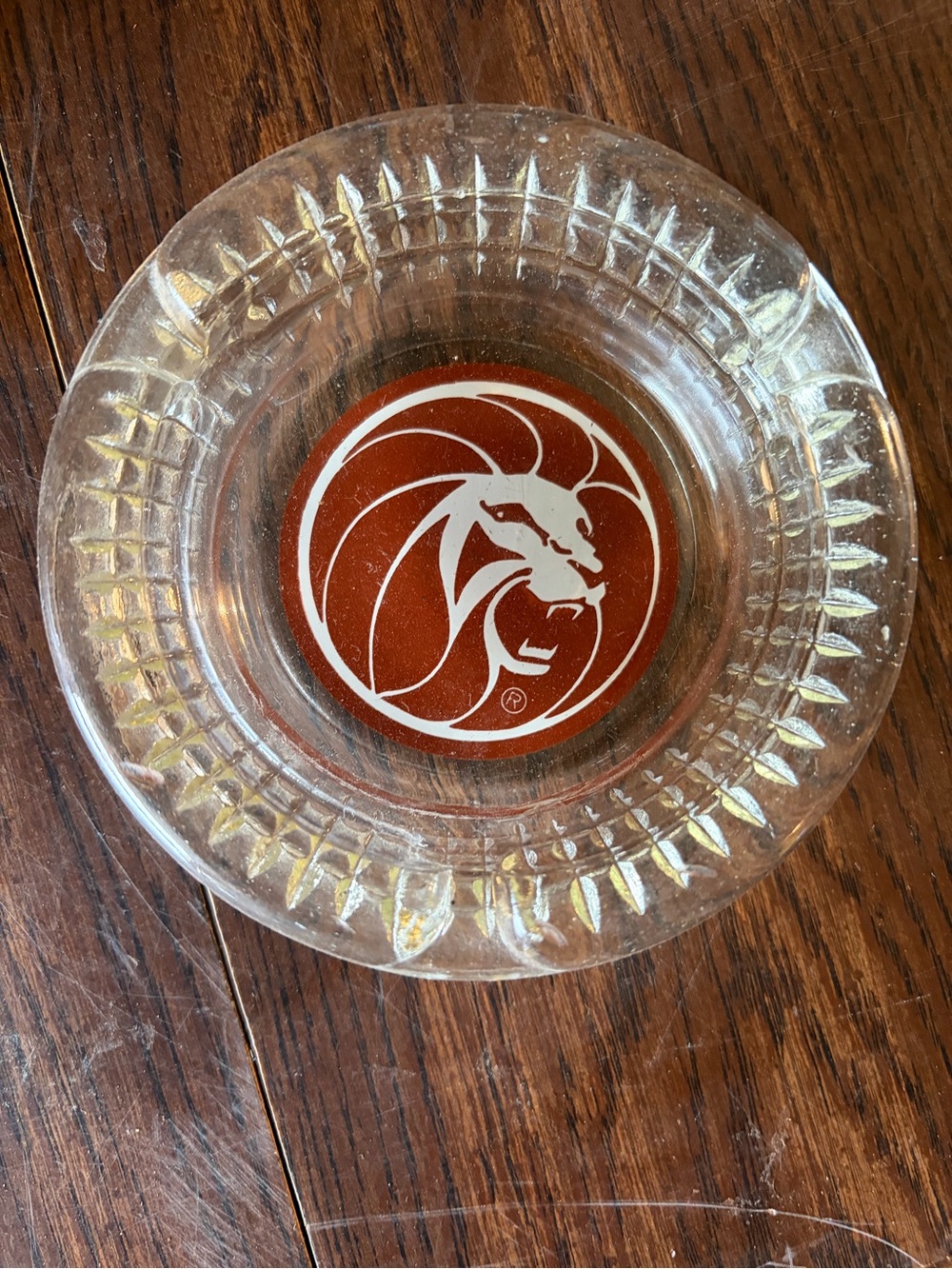 Clear Glass Ashtray with Red Lion Emblem